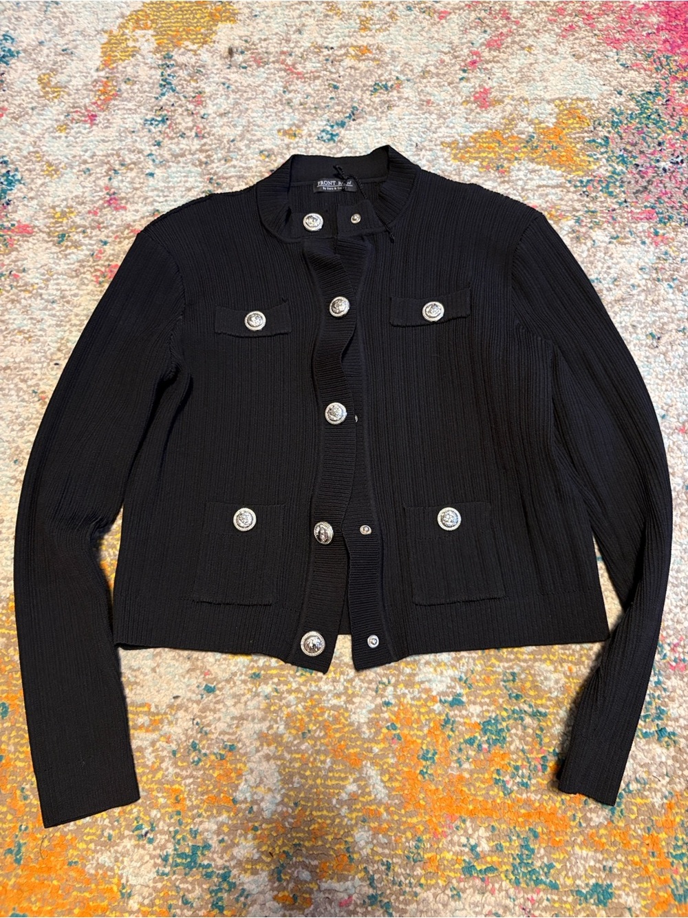 Black Ribbed Cropped Button-Front Blazer - Picture 2 of 4